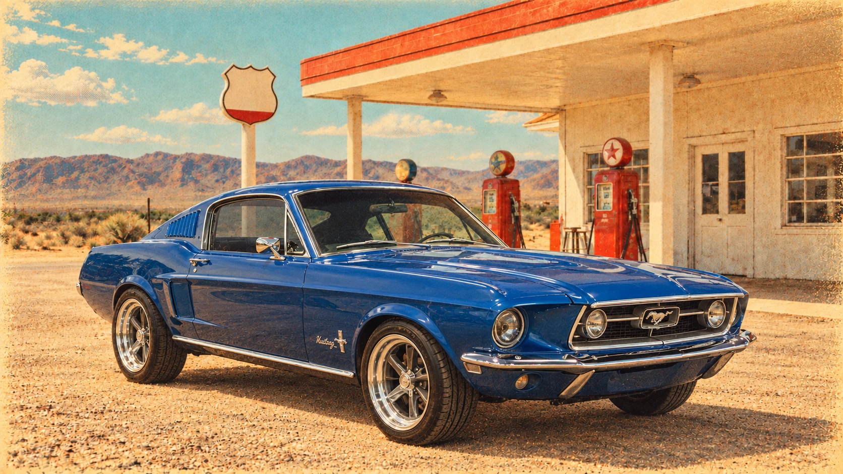 Classic blue Ford Mustang at a vintage roadside gas station