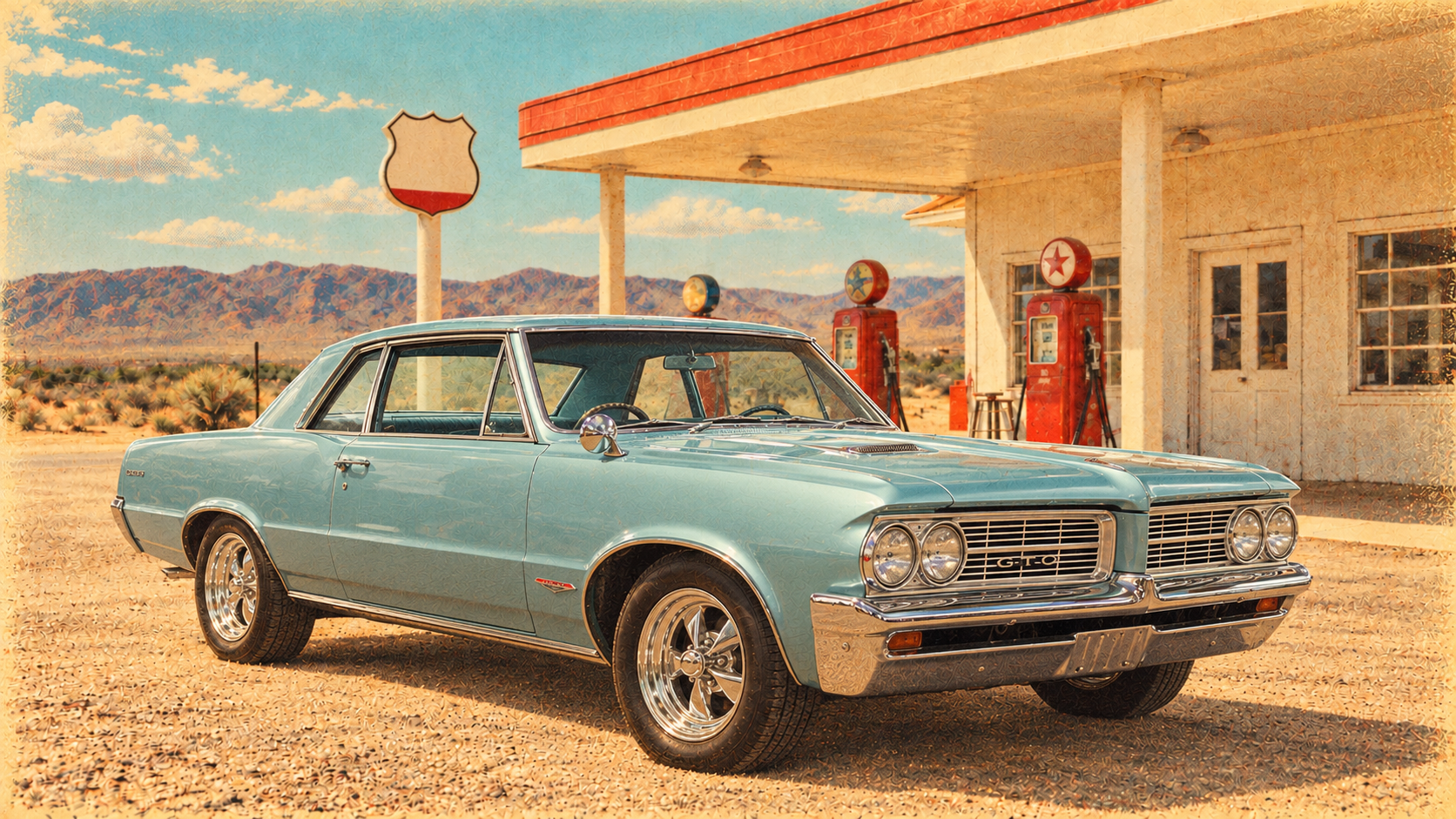 1964 Pontiac GTO at the same vintage roadside gas station