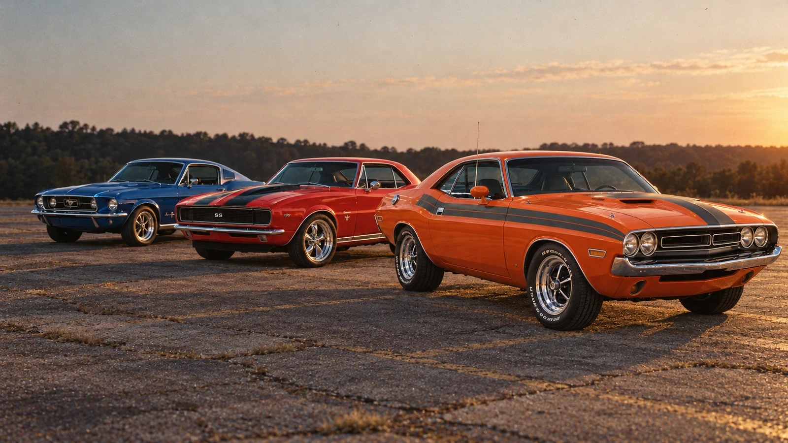 Orange Dodge Challenger, red Chevrolet Camaro and blue Ford Mustang parked in a row at dusk