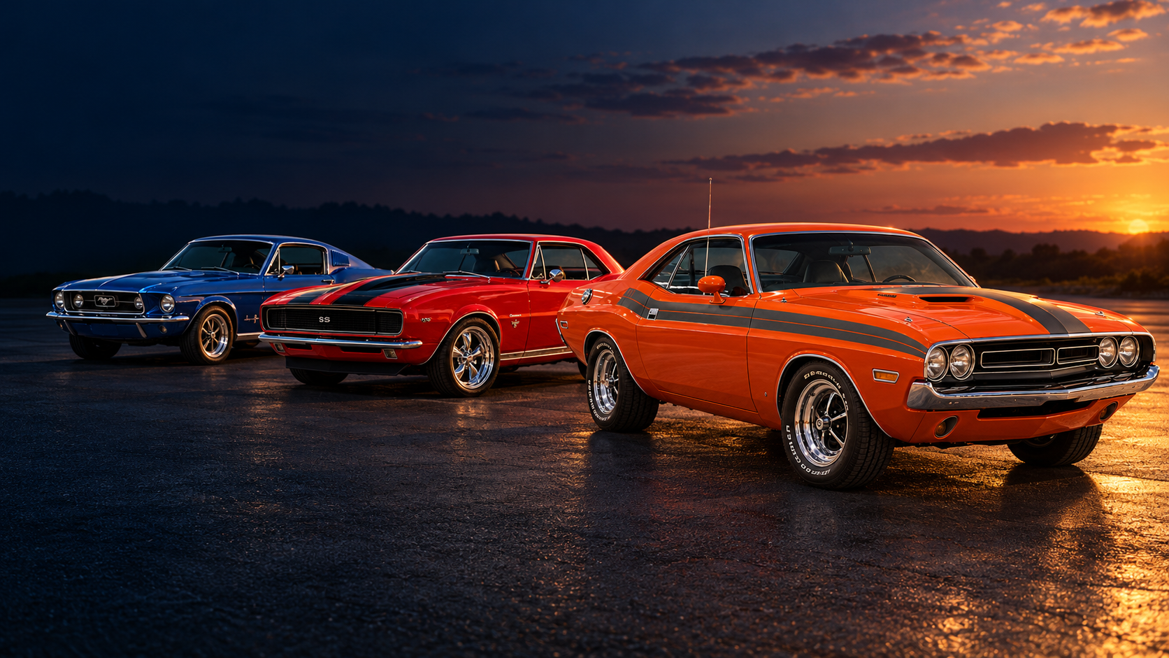 Orange Dodge Challenger, red Chevrolet Camaro and blue Ford Mustang parked in a row at dusk